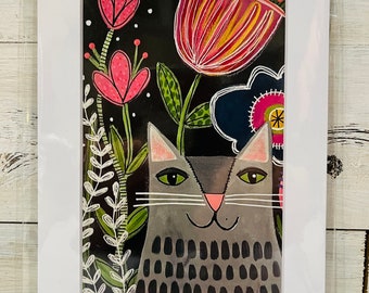 Signed ART print 4 x 6 image gray CAT with flowers print by Jenny Elkins mat 5 x 7 ready to frame - love - friend gift - cat lover