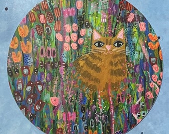 3” sticker of ginger CAT in flower field by Jenny Elkins