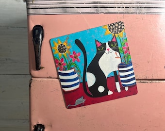 Tuxedo CAT with sunflowers magnet 3” x 3” - by Jenny Elkins - cat lover - cat lady - tuxedo cat - magnet - sunflower cat magnet