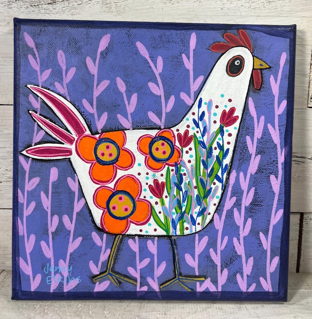 8 X 8 White Floral Chicken Painting by Jenny Elkins - Chicken