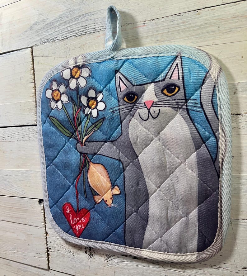Gray and White CAT With Mouse Pot Holder by Jenny Elkins - Kitchen ...