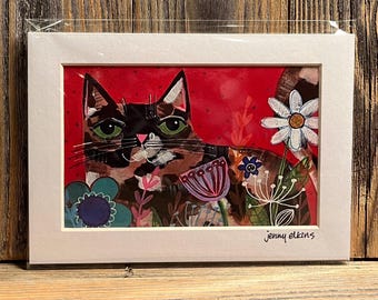 Signed ART print 4 x 6 image TORTIE cat in the garden print by Jenny Elkins mat 5 x 7 ready to frame - love - friend gift - cat lover - tort