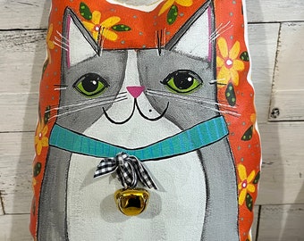 Sweet CAT pillow gray & white Cat by Jenny Elkins - stuffed animal