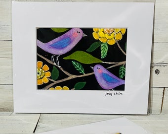 Signed ART print 5 x 7 image - purple BIRDS - by Jenny Elkins mat 8 x 10 ready to frame - birds - purple