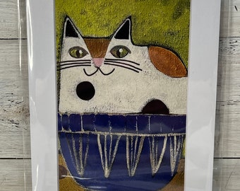 Signed ART print 4 x 6 image calico cat in clay city pottery print by Jenny Elkins mat 5 x 7 ready to frame - love - friend gift - cat lover