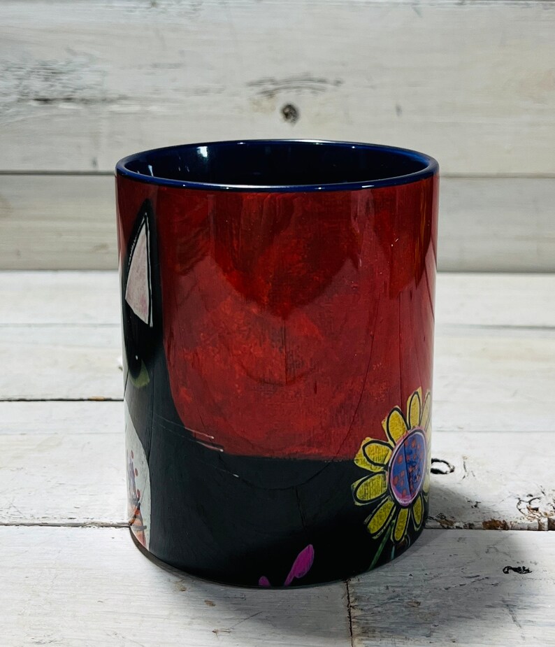 Tuxedo CAT abstract flowers 11oz MUG coffee cup by Jenny Elkins cat mug cat coffee cup floral mug image 2