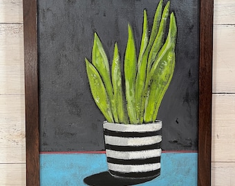 Green PLANT in black and white striped pot painting by Jenny Elkins 8” x 10” image - wood frame - plant lady