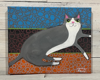 Gray and White CAT painting by Jenny Elkins 8” x 10” cat lady  - cat lover - whimsical cat painting