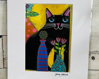 Signed ART print 5 x 7 image Black cat with flowers still life by Jenny Elkins mat 8 x 10 ready to frame - black kitty