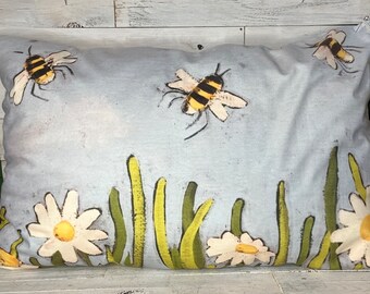 Bee and Daisies pillow 20” x 30” by Jenny Elkins - home decor - accent pillow - bed pillow -sale price