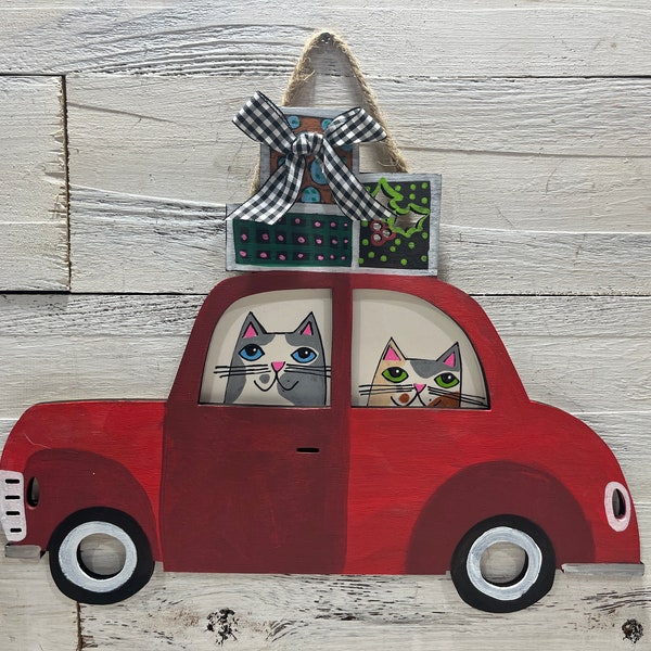 Gray and white cat calico cat in RED car with presents - hand  painted - Wooden ornament - decor - Jenny Elkins - over sized - 2 cats