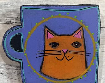 Little wooden MUG coffee cup with ginger cat - wall decor - by Jenny Elkins - cat lady gift - orange cat