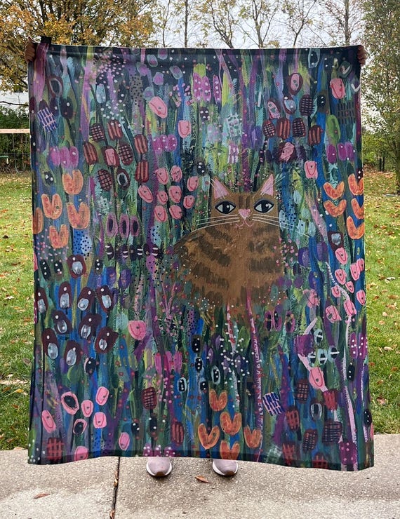 Ginger CAT Throw by Jenny Elkins 50” x 60” artic blanket throw - cat throw - ginger cat in the garden - artist designed