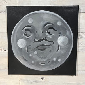 SALE Man in the MOON painting 12 x 12 by Jenny Elkins - whimsical moon - folk art