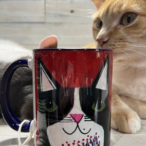 Tuxedo CAT abstract flowers 11oz MUG coffee cup by Jenny Elkins cat mug cat coffee cup floral mug image 5