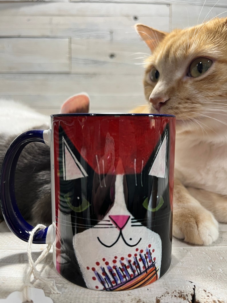 Tuxedo CAT abstract flowers 11oz MUG coffee cup by Jenny Elkins cat mug cat coffee cup floral mug image 5