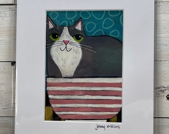 Signed ART print 5 x 7 image gray & white CAT sitting in a vintage pink and white striped bowl print by Jenny Elkins mat 8 x 10 ready frame