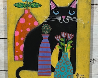 Black CAT still life painting by Jenny Elkins 8” x 10” cat lady - cat lover - whimsical cat painting - black kitty cat