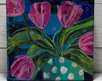 6 x 6 x 1 1/2 original TULIP painting with abstract background by Jenny Elkins - spring flowers - spring - tulips - pink tulips