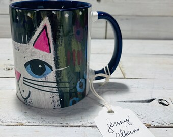 Odd eyed white cat in the garden 11oz MUG - coffee cup - by Jenny Elkins - cat mug - cat coffee cup - cat in the garden mug
