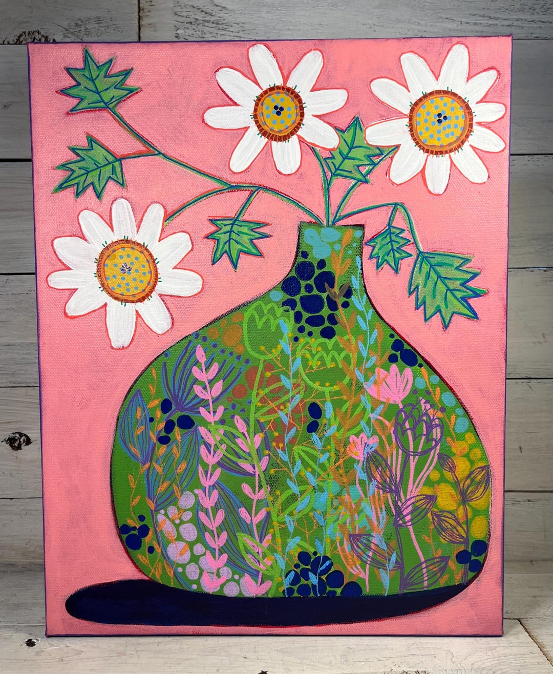 Original Happy WHIMSICAL Daisies Flowers in an Abstract Floral Vase ...