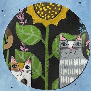 3” sticker of calico and gray CAT in flower field by Jenny Elkins - sunflower