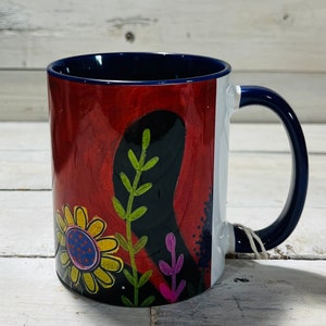 Tuxedo CAT abstract flowers 11oz MUG coffee cup by Jenny Elkins cat mug cat coffee cup floral mug image 3