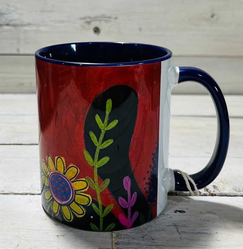 Tuxedo CAT abstract flowers 11oz MUG coffee cup by Jenny Elkins cat mug cat coffee cup floral mug image 3