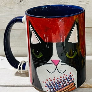 Tuxedo CAT abstract flowers 11oz MUG coffee cup by Jenny Elkins cat mug cat coffee cup floral mug image 1