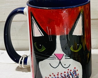 Tuxedo CAT abstract flowers 11oz MUG - coffee cup - by Jenny Elkins - cat mug - cat coffee cup - floral mug