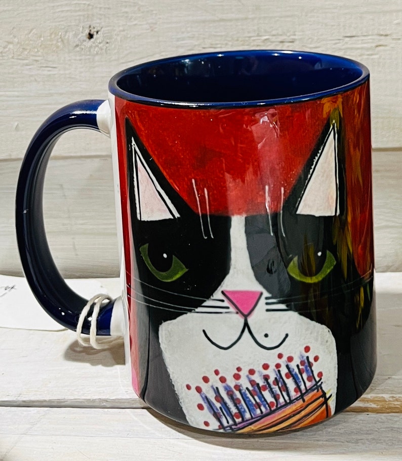 Tuxedo CAT abstract flowers 11oz MUG coffee cup by Jenny Elkins cat mug cat coffee cup floral mug image 1