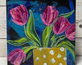 6 x 6 x 1 1/2 original TULIP painting with abstract background by Jenny Elkins - spring flowers - spring - tulips - pink tulips