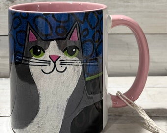 Gray and white CAT laying 11oz MUG - coffee cup - by Jenny Elkins - cat mug - cat coffee cup - floral mug