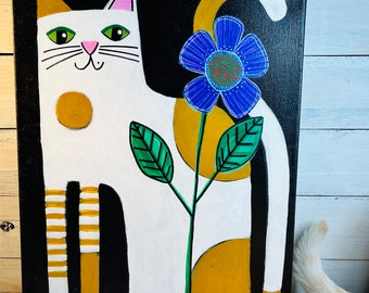 12 x 16 x 1 1/2 daisy flower Yellow and white kitty CAT painting by Jenny Elkins - cat lover gift - cat collector - whimsical art