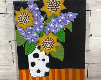 SALE Lilac and sunflowers  in white vase with black polka dots painting by Jenny Elkins 8” x 10” Mother’s Day - valentines - sunflower lover