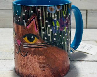 Brown tabby tiger 11oz MUG - coffee cup - by Jenny Elkins - cat mug - cat coffee cup - cat in the garden mug