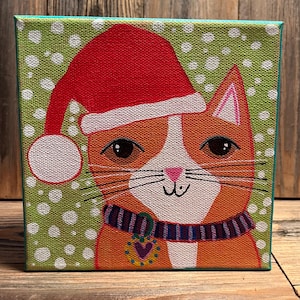 Original Ginger SANTA CAT painting by Jenny Elkins 6 x 6 whimsical - holiday painting - ginger cat santa
