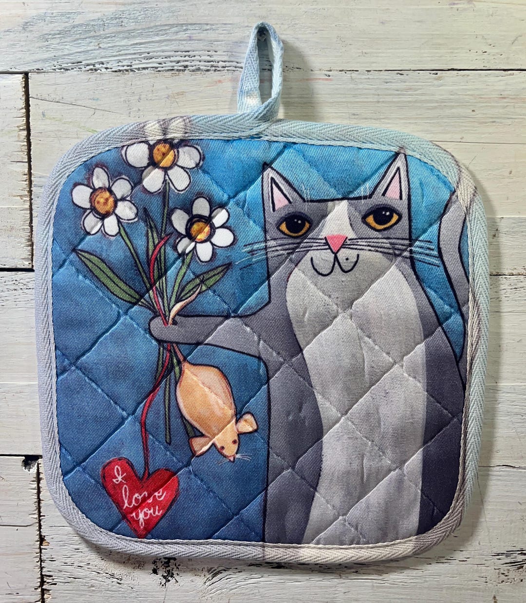 Gray and White CAT With Mouse Pot Holder by Jenny Elkins - Kitchen ...