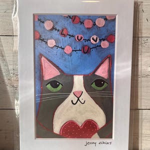 Signed ART print 4 x 6 image I LUV U gray and white tuxedo cat with heart print by Jenny Elkins mat 5 x 7 ready to frame - love - cat lover