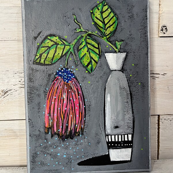 Floral STILL life with pink flower black, gray and white VASE org painting by Jenny Elkins 5x7 canvas - friend gift