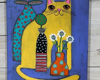 Yellow CAT still life painting by Jenny Elkins 8” x 10” cat lady - cat lover - whimsical cat painting - marmalade cat