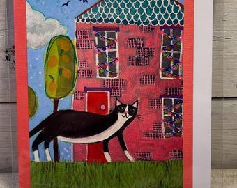 Tuxedo cat pink house card - Blank Greeting Card by Jenny Elkins - includes shipping - Jenny Elkins image - cat card