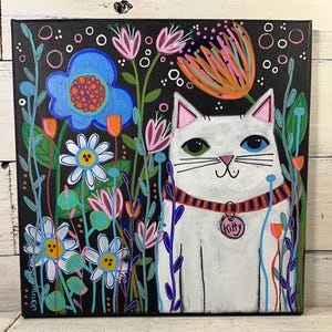 White CAT with flowers 10 x 10 painting by Jenny Elkins - cat lover - cat lady - white cat