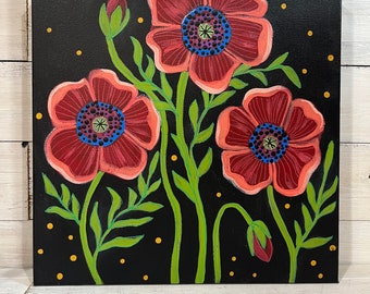 12 x 12 poppy floral flower painting by jenny Elkins - home decor - floral psinting - friend gift