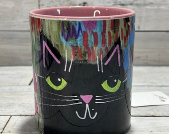 Black CAT 11oz MUG - coffee cup - by Jenny Elkins - cat lover - cat lady - black cat