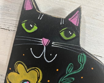 Little wooden black floral CAT cutout-  wall decor - by Jenny Elkins - cat lady gift - black cat - floral cat