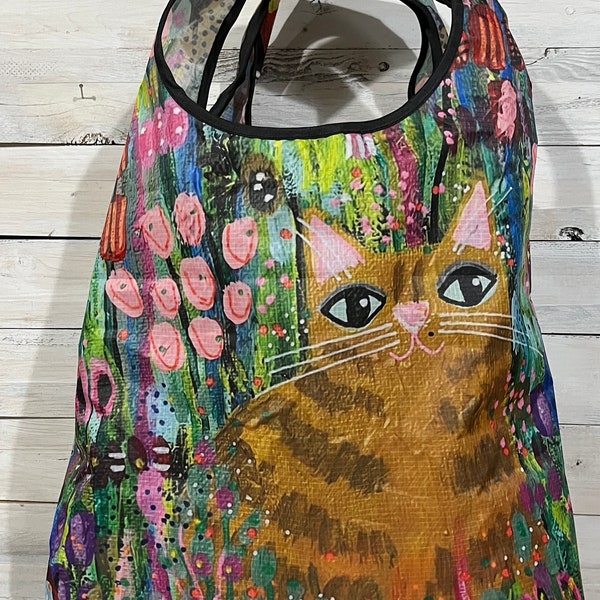 Big tote market grocery compact BAG - CAT in the garden by Jenny Elkins friend gift - market bag - beach bag - cat lover -cat lady