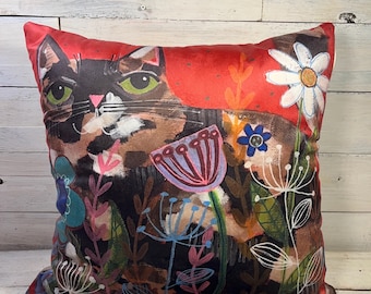 Indoor/outdoor 13” x 13” Tortie CAT with flowers pillow by Jenny Elkins decorative pillow- indoor outdoor pillow - cat pillow - tortoise cat
