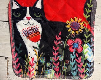 Tuxedo CAT with flowers pot holder by Jenny Elkins - kitchen fashion - kitchen art - hostess gift - cat lady gift