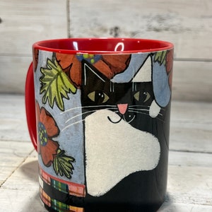 Tuxedo CAT with poppy flowers 11oz MUG coffee cup by Jenny Elkins cat lover cat lady tuxedo cat cat mug cat coffee cup image 1